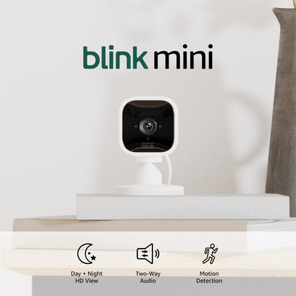 Blink Mini - Compact indoor plug-in smart security camera, 1080p HD video, night vision, motion detection, two-way audio, easy set up, Works with Alexa – 1 camera (White)