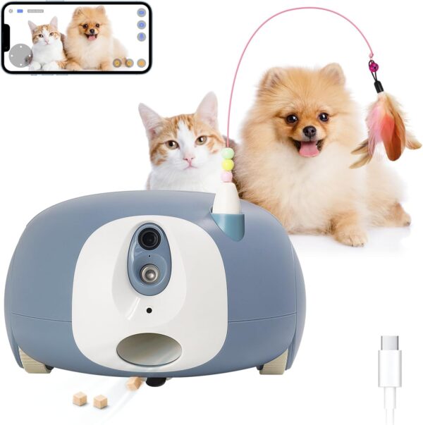 Pet Camera Treat Dispenser, Cat Dog Camera, Automatic Pet Feeder with App Remote Control, 2 Way Audio, 1080P HD Mobile Camera with Night Vision, Interactive Replaceable Cat Teaser