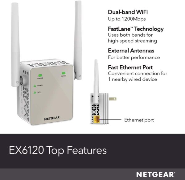 NETGEAR Wi-Fi Range Extender EX6120 - Coverage Up to 1500 Sq Ft and 25 Devices with AC1200 Dual Band Wireless Signal Booster & Repeater (Up to 1200Mbps Speed), and Compact Wall Plug Design, White - Image 5