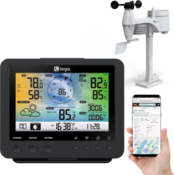 Logia 15-in-1 Wi-Fi Weather Station with 5-in-1 Sensor Array, Humidity, Wind Speed/Direction, Rain & More | Wireless LED Color Console w/Forecast Data, Alarm, Alerts