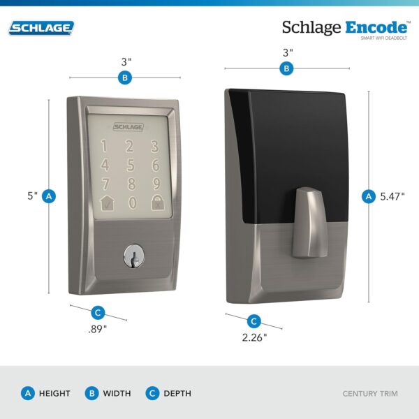 Schlage Encode Smart Wi-Fi Deadbolt with Century Trim in Satin Nickel - Image 3