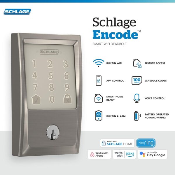 Schlage Encode Smart Wi-Fi Deadbolt with Century Trim in Satin Nickel - Image 2