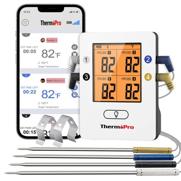 ThermoPro TP25 650FT Wireless Meat Thermometer with 4 Probes, Bluetooth Meat Thermometer for Cooking, BBQ Oven Food Smoker Thermometer Rechargeable