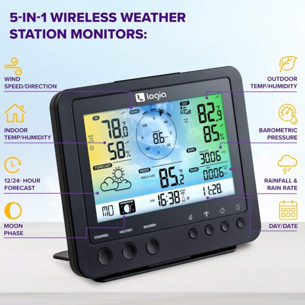 Logia 15-in-1 Wi-Fi Weather Station with 5-in-1 Sensor Array, Humidity, Wind Speed/Direction, Rain & More | Wireless LED Color Console w/Forecast Data, Alarm, Alerts - Image 3