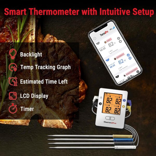 ThermoPro TP25 650FT Wireless Meat Thermometer with 4 Probes, Bluetooth Meat Thermometer for Cooking, BBQ Oven Food Smoker Thermometer Rechargeable - Image 5